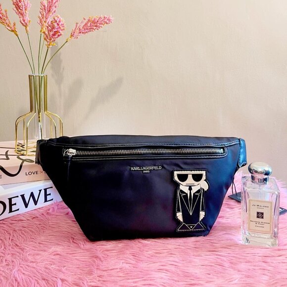 Karl Lagerfeld Handbags - Karl Lagerfeld Paris Amour Black Nylon Belt Bag – Karl Cartoon Appliqué NWOT